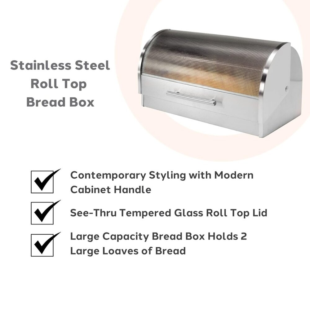 Oggi Stainless Steel Roll Top Bread Box with Tempered Glass - Picture 6 of 8